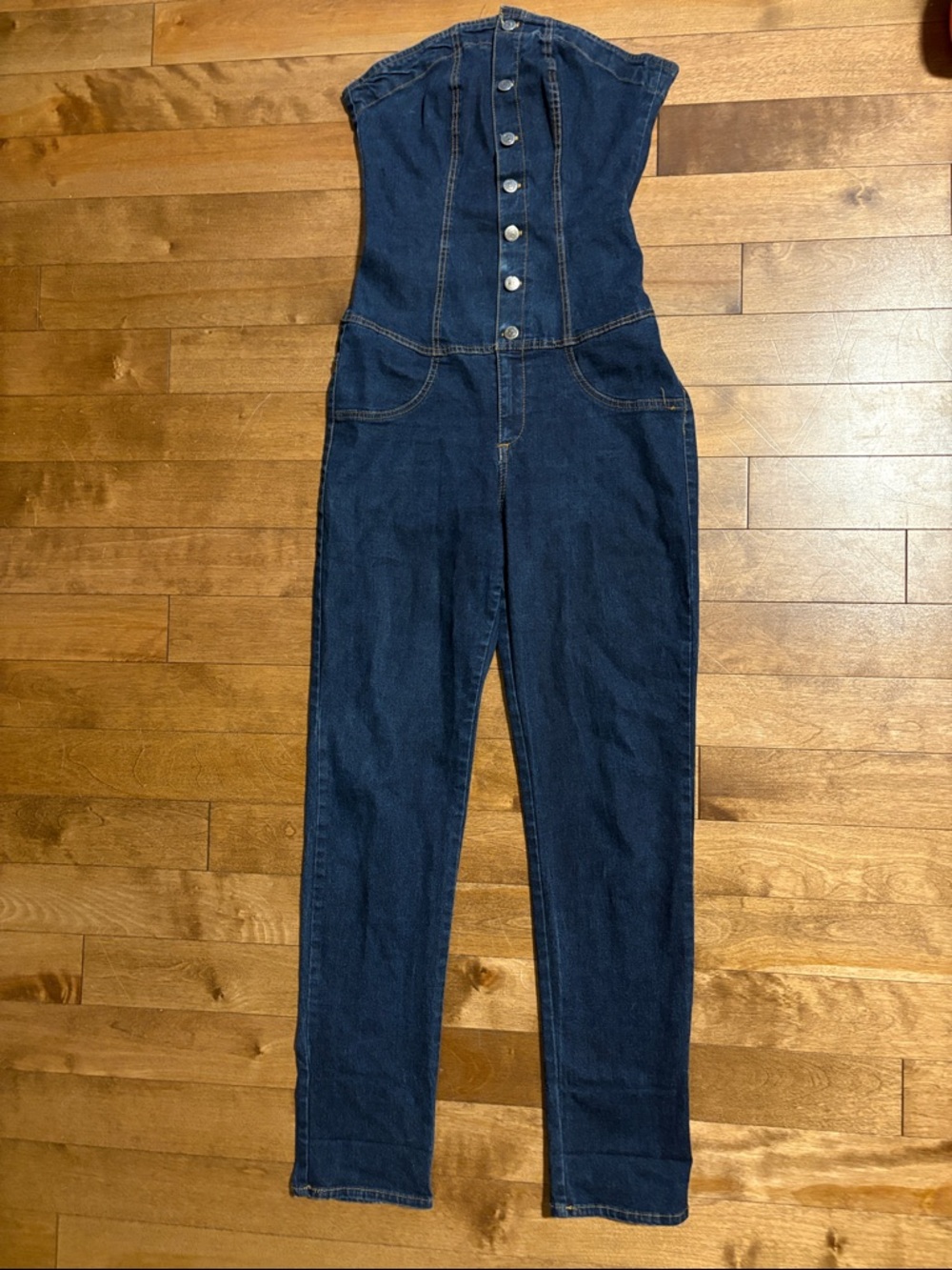 Denim Strapless Button-Front Strapless Jumpsuit - Dark Blue
